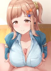 1boy 1girl blue_shirt blush breasts brown_eyes brown_hair censored cleavage closed_mouth collarbone commentary_request hair_ornament hair_scrunchie hairclip hetero highres idolmaster idolmaster_shiny_colors large_breasts mosaic_censoring paizuri paizuri_under_clothes penis sakuragi_mano scrunchie shirt short_hair smile solo_focus star_(symbol) star_hair_ornament upper_body warubo yellow_scrunchie