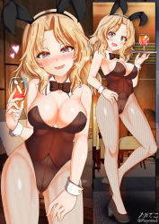 Rule 34 | 1girl, alternate costume, blue eyes, blush, bow, bowtie, breasts, bunny day, cleavage, cup, detached collar, drinking glass, drunk, fishnets, girls und panzer, gluteal fold, hand on own hip, hand on thigh, heart, high heels, highres, kay (girls und panzer), large breasts, leaning forward, leotard, looking at viewer, megadeko, multiple views, nose blush, pantyhose, playboy bunny, smile, thighs, tray, twitter username, wine glass, wrist cuffs