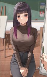 Rule 34 | 1girl, anteiru, black hair, blue pants, blurry, blurry background, blush, breasts, brown eyes, canvas (object), gradient hair, highres, large breasts, long hair, long sleeves, looking at viewer, mole, mole under eye, multicolored hair, original, own hands together, pants, pencil, pov, purple hair, smile, turtleneck