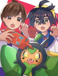 Rule 34 | 2boys, :o, aritsune01, black hair, blue shirt, blush, brown eyes, brown hair, collared shirt, commentary request, creatures (company), crossed bangs, florian (pokemon), game freak, gen 4 pokemon, gloves, hair between eyes, hairband, hands up, holding, holding phone, jacket, kieran (pokemon), male focus, multiple boys, necktie, nintendo, ogerpon, open mouth, phone, pokemon, pokemon (creature), pokemon sv, red gloves, red necktie, rotom, rotom phone, shirt, short hair, single glove, teeth, upper teeth only, white jacket, yellow eyes, yellow hairband