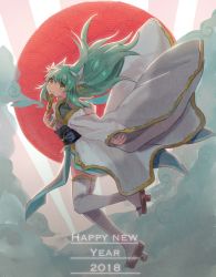 Rule 34 | 1girl, 2018, cloud, commentary, english commentary, english text, fan to mouth, fate/grand order, fate (series), folding fan, green hair, hair ornament, hand fan, happy new year, highres, holding, holding fan, horns, japanese clothes, japanese flag, kimono, kiyohime (fate), long hair, long sleeves, looking at viewer, mochii, new year, obi, pelvic curtain, sandals, sash, smile, solo, thighhighs, white thighhighs, wide sleeves, yellow eyes
