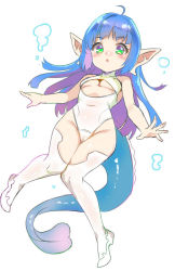 Rule 34 | 1girl, :o, air bubble, blue hair, blush, breasts, bubble, cameltoe, cleavage, covered navel, full body, green eyes, groin, knees together feet apart, long hair, looking at viewer, medium breasts, multicolored eyes, multicolored hair, one-piece swimsuit, original, parted lips, pointy ears, purple eyes, purple hair, shoes, simple background, solo, swimsuit, tail, thighhighs, two-tone hair, underboob, unname, very long hair, white background, white footwear, white one-piece swimsuit, white thighhighs