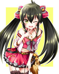 Rule 34 | 1girl, :d, ahoge, animal print, bare shoulders, belt, black belt, black hair, black thighhighs, blouse, blush, bow, breasts, charm (object), cleavage, cowboy shot, crop top, cropped jacket, eyelashes, fake tail, garter straps, hair between eyes, hair bow, halterneck, hand to own mouth, highres, idolmaster, idolmaster cinderella girls, jacket, jewelry, lace, lace-trimmed legwear, lace-trimmed skirt, lace trim, layered skirt, leaning forward, leopard print, long hair, looking at viewer, matoba risa, midriff, multiple belts, multiple necklaces, navel, necklace, off shoulder, one eye closed, open mouth, outline, pink bow, pink shirt, pink skirt, ribbon-trimmed legwear, ribbon trim, see-through, see-through legwear, shiny skin, shirt, sidelocks, skirt, small breasts, smile, solo, spaghetti strap, square, striped, striped bow, tail, tank top, thighhighs, tsukasa kinako, twintails, v, very long hair, white background, white jacket, yellow eyes, zebra print