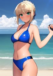 Rule 34 | 1girl, ahoge, ai-assisted, alternate costume, annoyed, arm behind back, arm up, artoria pendragon (all), artoria pendragon (fate), beach, bikini, blonde hair, blue bikini, blush, braid, breasts, closed mouth, fate/stay night, fate (series), frown, green eyes, haruhisky, highres, looking at viewer, medium breasts, navel, outdoors, ribbon, saber (fate), short hair, sidelocks, solo, standing, stomach, swimsuit