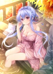 Rule 34 | 1boy, 1girl, absurdres, alternate costume, amatsuji, arm at side, autumn, autumn leaves, bare shoulders, black bow, bloom, blue hair, blurry, blush, bow, braid, breasts, cherry blossom print, cleavage, closed mouth, collarbone, commentary request, couple, crown braid, day, depth of field, eyelashes, eyes visible through hair, feet out of frame, fence, fingernails, floating hair, floral print, hair between eyes, hair bow, hair bun, hair ornament, hand up, hetero, highres, holding hands, japanese clothes, kimono, knees together feet apart, large breasts, long hair, long sleeves, looking at viewer, no bra, onsen, outdoors, pink kimono, red eyes, ripples, single hair bun, smile, soaking feet, solo focus, sorakado ao, sparkle, summer pockets, tassel, tassel hair ornament, thighs, very long hair, water, wide sleeves, yukata