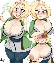 Rule 34 | 1girl, angry, blonde hair, blush, bmayyne, breasts, brown eyes, clothes, clothes grab, english text, highres, huge breasts, long hair, naruto, naruto (series), naruto shippuuden, nipples, one breast out, open clothes, open mouth, simple background, smile, solo, tongue, tongue out, tsunade (naruto), twintails, white background
