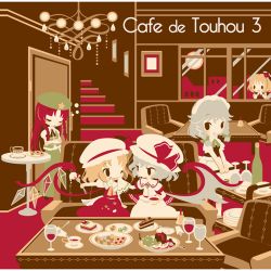 Rule 34 | 5girls, :d, :o, album cover, bat wings, bell, blonde hair, blue hair, bottle, braid, cake, chandelier, chibi, cookie, couch, cover, crossed arms, cup, dress, drinking glass, flandre scarlet, flat color, food, food on face, fruit, grapes, hat, hat ribbon, hong meiling, izayoi sakuya, maid, maid headdress, multiple girls, neck ribbon, one eye closed, open mouth, puffy short sleeves, puffy sleeves, red hair, remilia scarlet, ribbon, rumia, saucer, serving cart, shinonoko, short sleeves, siblings, silver hair, sisters, sitting, sleeping, smile, stairs, star (symbol), table, teacup, touhou, twin braids, wine glass, wings
