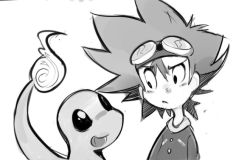 Rule 34 | 1boy, blush stickers, charmander, creatures (company), crossover, digimon, digimon adventure, fiery tail, fire, fire, flame-tipped tail, game freak, gen 1 pokemon, goggles, goggles on head, greyscale, monochrome, nintendo, pokemon, pokemon (creature), sho-n-d, spiked hair, tail, yagami taichi