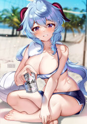 Rule 34 | 1girl, ball, bare arms, bare legs, bare shoulders, barefoot, blue hair, blue shorts, blue sky, blurry, blurry background, blush, breasts, can, cleavage, cloud, commentary, crop top, day, english commentary, ganyu (genshin impact), genshin impact, grin, hair between eyes, highres, holding, holding can, horns, indian style, large breasts, light particles, long hair, looking at viewer, midriff, nail polish, navel, outdoors, pink nails, purple eyes, short shorts, shorts, sitting, sky, smile, solo, spaghetti strap, sports bra, squchan, stomach, thighs, toenail polish, toenails, toes, volleyball, volleyball (object), volleyball net