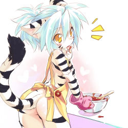 Rule 34 | 1girl, animal ears, apron, ass, blue hair, blush, bowl, cat ears, cat tail, cooking, food, furry, furry female, fuurin rei, mizuki kotora, naked apron, original, oven mitts, solo, striped, tail, tasting, tongue, yellow eyes