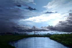 Rule 34 | bad id, bad pixiv id, chimney, cloud, day, grass, industrial, lake, landscape, nature, no humans, original, reflection, scenery, sky, toshiyu (10shi yu), water
