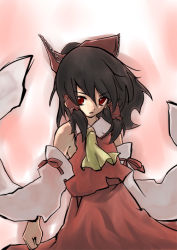 Rule 34 | 1girl, black hair, bow, collar, detached sleeves, dress, evil smile, female focus, hair bow, hakurei reimu, japanese clothes, loki, long sleeves, looking at viewer, ploki, red bow, red dress, red eyes, red ribbon, ribbon, shaded face, short hair, smile, solo, standing, touhou