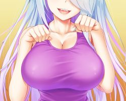 Rule 34 | 1girl, arms up, blue hair, blush, breast focus, breasts, cleavage, collarbone, commentary request, fangs, gradient background, head out of frame, head tilt, large breasts, long hair, open mouth, original, paw pose, purple shirt, shirt, simple background, solo, tank top, teeth, tongue, upper body, yellow background, yuunagi (0217)