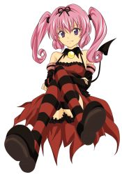 Rule 34 | 00s, absurdres, demon tail, fang, highres, nana asta deviluke, pink hair, solo, striped clothes, striped thighhighs, tail, thighhighs, to love-ru, twintails