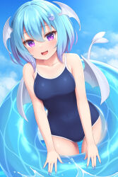 Rule 34 | 1girl, :d, aqua bow, aqua hair, blue nails, blue one-piece swimsuit, bow, breasts, colored tips, competition school swimsuit, covered navel, cowboy shot, day, demon girl, fingernails, hair between eyes, head wings, highres, innertube, looking at viewer, medium breasts, multicolored hair, nail polish, one-piece swimsuit, open mouth, original, outdoors, purple hair, sakyua (sasaame), sasaame, school swimsuit, smile, solo, swim ring, swimsuit, tail, water, white wings, wings