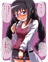 Rule 34 | 1girl, akemi homura, alternate costume, argyle, argyle clothes, argyle skirt, black hair, black hairband, blush, braid, breasts, cleavage, commentary request, digital thermometer, flustered, glasses, hairband, highres, inoue kouji, lab coat, long sleeves, looking at viewer, mahou shoujo madoka magica, mahou shoujo madoka magica (anime), medium breasts, miniskirt, open mouth, purple eyes, red-framed eyewear, ribbed sweater, school nurse, skirt, solo, sweater, thermometer, translation request, twin braids, twintails, wavy mouth