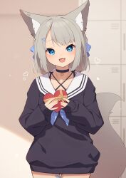 Rule 34 | 1girl, :d, absurdres, animal ear fluff, animal ears, bandaid, bandaid on leg, black choker, black sweater, blue bow, blue eyes, blue neckerchief, bow, box, choker, collarbone, commentary request, ear piercing, fang, fox ears, fox girl, fox tail, getabako, gift, gift box, grey hair, hair bow, hair ornament, heart, heart-shaped box, heart hair ornament, highres, hinata (user rjkt4745), holding, holding gift, indoors, long sleeves, looking at viewer, neckerchief, open mouth, original, piercing, puffy long sleeves, puffy sleeves, sailor collar, sleeves past wrists, smile, solo, sweater, tail, valentine, white sailor collar