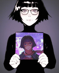 Rule 34 | 1girl, bad id, bad tumblr id, black hair, blunt bangs, blush, closed mouth, coffee cup, cup, disposable cup, glasses, gloves, head tilt, highres, holding, holding cup, ilya kuvshinov, jacket, leather, leather jacket, looking at viewer, original, purple-framed eyewear, purple background, purple eyes, purple theme, red gloves, red scarf, scarf, short hair, smile, solo, sweater, teeth, turtleneck, turtleneck sweater, upper body