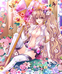 Rule 34 | 1girl, :d, belt, breasts, brown eyes, brown hair, buckle, bug, butterfly, center opening, cleavage, elbow gloves, flower, garter straps, gloves, hammer, highres, huge weapon, insect, long hair, looking at viewer, miyoshi (m178), no bra, open mouth, original, puffy short sleeves, puffy sleeves, revealing clothes, short sleeves, sitting, smile, thighhighs, twintails, weapon, white thighhighs