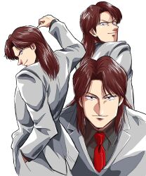 Rule 34 | 1031hitomachi, 1boy, arm up, black eyes, blazer, brown hair, closed mouth, collared shirt, commentary request, formal, grey jacket, grey pants, grey shirt, highres, ichijou seiya, jacket, kaiji, leaning forward, long hair, long sleeves, looking at viewer, male focus, medium bangs, multiple views, necktie, pants, parted bangs, red necktie, sanpaku, shirt, simple background, smile, suit, upper body, v-shaped eyebrows, white background