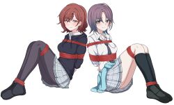 2girls asakura_toru bdsm bondage bound bound_together brown_eyes brown_hair commission full_body highres higuchi_madoka idolmaster idolmaster_shiny_colors looking_at_viewer milliani multiple_girls pantyhose pixiv_commission purple_hair restrained shibari short_hair sitting