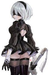 Rule 34 | 1girl, 2b (nier:automata), absurdres, back cutout, black blindfold, black footwear, black gloves, black hairband, blindfold, blush, brown thighhighs, closed mouth, clothing cutout, dress, feather-trimmed sleeves, feather trim, gloves, grey hair, hairband, highres, holding, holding sword, holding weapon, katana, looking back, mole, mole under mouth, nier:automata, nier (series), puffy short sleeves, puffy sleeves, shiren (ourboy83), short sleeves, signature, simple background, skindentation, solo, sword, tassel, thighhighs, turtleneck, turtleneck dress, weapon, white background