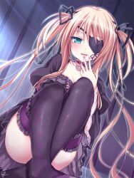 Rule 34 | 1girl, black dress, black ribbon, black thighhighs, blonde hair, blush, breasts, chaamii, choker, cleavage, commentary request, convenient leg, crossed legs, dress, dutch angle, eyepatch, feet out of frame, floating hair, foreshortening, frilled sleeves, frilled thighhighs, frills, gothic lolita, green eyes, hair ribbon, hand up, heart, heart choker, heart eyepatch, highres, indoors, irina e tolstaya, juliet sleeves, legs, lolita fashion, long hair, long sleeves, looking at viewer, medium breasts, nail polish, one eye covered, open mouth, pink nails, puffy sleeves, purple choker, ribbon, shinigami no testament, short dress, signature, smile, solo, thighhighs, thighs, tsurime, twintails, very long hair, wide sleeves