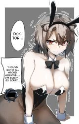 Rule 34 | 1girl, absinthe (arknights), animal ears, arknights, bare shoulders, black leotard, black pantyhose, breasts, cleavage, crying, crying with eyes open, doctor (arknights), embarrassed, english text, gin moku, glaring, grey hair, large breasts, leotard, looking at viewer, pantyhose, playboy bunny, rabbit ears, red eyes, solo, strapless, strapless leotard, tears, translated