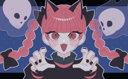 Rule 34 | 1girl, :d, animal ears, black bow, black nails, blush, bow, braid, cat ears, dress, extra ears, fang, fangs, gao, hair bow, highres, hitodama, kaenbyou rin, letterboxed, long sleeves, looking at viewer, nail polish, open mouth, outline, outside border, red eyes, red hair, roserose626, skin fangs, skull, smile, solo, touhou, twin braids, white outline