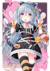 Rule 34 | 1girl, animal ear fluff, animal ears, bad id, bad pixiv id, bandaged tail, bandages, basket, black dress, blue hair, blush, bow, candy, candy wrapper, cat ears, cat girl, cat tail, choker, closed mouth, collarbone, commentary request, dress, food, food in mouth, frilled dress, frills, hair between eyes, halloween, hands up, heart, highres, holding, holding candy, holding food, holding lollipop, lace, lace-trimmed legwear, lace trim, lollipop, long hair, mouth hold, original, puffy short sleeves, puffy sleeves, red eyes, red ribbon, ribbon, ribbon choker, short sleeves, smile, solo, striped clothes, striped thighhighs, swirl lollipop, tail, tail raised, thighhighs, two side up, umino (umino00), very long hair, yellow bow