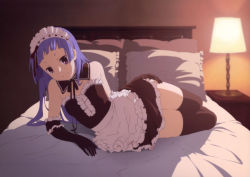 Rule 34 | 00s, 1girl, absurdres, bare shoulders, bed, black thighhighs, blue hair, blunt bangs, elbow gloves, flat chest, frills, gloves, highres, kannagi, lying, maid, nagi, official art, purple eyes, solo, thighhighs, zettai ryouiki