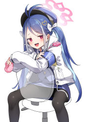 Rule 34 | 1girl, :d, antenna hair, armband, badge, black pantyhose, blue archive, blue hair, blue headwear, blue necktie, blue skirt, blue vest, blush, bow, chair, collared jacket, collared shirt, crossed arms, doughnut, feet out of frame, food, fubuki (blue archive), grey hair, hair bow, hair ornament, halo, heart, heart hair ornament, high collar, highres, holding, holding food, jacket, kandori, long hair, looking at viewer, multicolored hair, necktie, open mouth, pantyhose, parted bangs, pencil skirt, red eyes, shirt, simple background, sitting, sitting backwards, skirt, smile, smug, solo, streaked hair, twintails, vest, walkie-talkie, white background, white bow, white jacket, white shirt