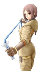 Rule 34 | 1girl, brown eyes, brown hair, closed mouth, commentary request, earrings, from side, gloves, highres, holding, holding weapon, jewelry, light smile, lips, looking at viewer, military, military uniform, pants, parted bangs, short hair, simple background, snk, solo, the king of fighters, uniform, weapon, whip, whip (kof), white background, x chitch