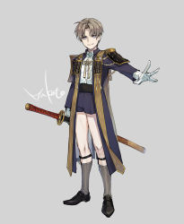 Rule 34 | 1boy, age difference, aged down, artist name, black footwear, blue shorts, brown hair, child, closed mouth, collar, full body, gloves, grey background, grey socks, heshikiri hasebe, holding, holding sword, holding weapon, japanese clothes, katana, legwear garter, long sleeves, looking at viewer, makoto kohuku, male focus, short hair, shorts, simple background, socks, solo, standing, sword, touken ranbu, weapon, white gloves