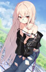 Rule 34 | 1girl, absurdres, bare shoulders, black-framed eyewear, black choker, black jacket, blonde hair, blue pants, breasts, bright pupils, choker, closed mouth, crop top, dutch angle, girls&#039; frontline, glasses, highres, jacket, leaning forward, long hair, long sleeves, looking at viewer, looking over eyewear, midriff, off shoulder, open clothes, open fly, open jacket, panties, pants, panty peek, red eyes, round eyewear, shirt, sleeveless, sleeveless shirt, small breasts, smile, solo, spaghetti strap, standing, torn clothes, torn pants, type 80 (girls&#039; frontline), underwear, very long hair, w.k, white panties, white shirt