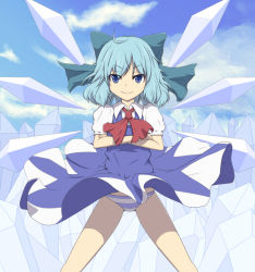 Rule 34 | 1girl, ahoge, blue eyes, blue hair, bow, cirno, clothes lift, crossed arms, dress, dress lift, hair bow, ice, matching hair/eyes, nogisaka kushio, panties, short hair, smirk, solo, standing, striped clothes, striped panties, touhou, touhou hisoutensoku, underwear, wind, wind lift