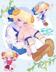 Rule 34 | 1boy, :o, animal ears, ankle socks, black nails, blonde hair, blue background, blue bow, blue eyes, blue headwear, blue sailor collar, blue shorts, blue wings, bow, brown footwear, brown horns, chibi, chibi inset, commission, curled horns, detached wings, dotted line, full body, grid background, hands under legs, hat, hat bow, highres, horizontal pupils, horns, knees up, legwear garter, long sleeves, looking at viewer, mini wings, multicolored background, multiple views, open mouth, original, plant, puffy long sleeves, puffy sleeves, sailor, sailor collar, sailor hat, sheep boy, sheep ears, sheep horns, short hair, shorts, sitting, skeb commission, socks, sparkle background, takoya de, thank you, vines, white background, white socks, wings