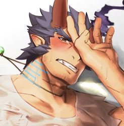 Rule 34 | 1boy, absurdres, bara, blush, broken horn, close-up, clothes lift, demon boy, demon horns, facial hair, fang, fiery horns, highres, horns, jewelry, long sideburns, looking at viewer, lying, male focus, mature male, muscular, muscular male, necklace, on back, pectorals, pov, see-through, shirt, shirt lift, short hair, sideburns, solo, stomach, stubble, sweat, takemaru (housamo), tearing up, thick eyebrows, tokuni (toktoktokuni), tokyo houkago summoners, wet, wet clothes, wet shirt