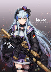 Rule 34 | 1girl, assault rifle, baek hyang, biting, black jacket, black shorts, blunt bangs, blush, breasts, buckle, character name, commentary, cowboy shot, cross hair ornament, dress, english commentary, expressionless, facial mark, girls&#039; frontline, gloves, green eyes, gun, h&amp;k hk416, hair ornament, hat, heckler &amp; koch, highres, hk416 (girls&#039; frontline), hk416 (mod3) (girls&#039; frontline), holding, holding gun, holding weapon, jacket, long hair, long sleeves, looking at viewer, medium breasts, military, military uniform, mini hat, mod3 (girls&#039; frontline), name tag, open clothes, open jacket, purple shirt, rifle, shirt, short shorts, shorts, sidelocks, silver hair, sleeveless, sleeveless dress, snap-fit buckle, solo, standing, teardrop, thigh strap, thighs, trigger discipline, two-tone background, uniform, very long hair, weapon, white gloves