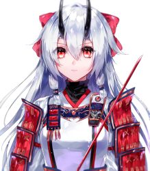 Rule 34 | 1girl, armor, bow, commentary, eyes visible through hair, fate/grand order, fate (series), hair between eyes, hair bow, horns, japanese armor, kuga huna, long hair, looking at viewer, oni horns, red bow, red eyes, sidelocks, simple background, solo, sword, tomoe gozen (fate), turtleneck, upper body, weapon, white background, white hair