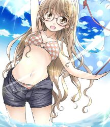 Rule 34 | 1girl, arm up, bikini, blue sky, bra, breasts, brown-framed eyewear, brown bra, brown eyes, brown panties, checkered bra, checkered clothes, checkered panties, checkered swimsuit, cloud, collarbone, commentary, day, feet out of frame, glasses, grey shorts, highres, holding, holding swim ring, innertube, light, long hair, looking at viewer, navel, open mouth, original, outdoors, panties, partially submerged, polka dot, shigyomusume, short shorts, shorts, sky, small breasts, solo, swim ring, swimsuit, two-tone bra, underwear, very long hair, water, wavy hair