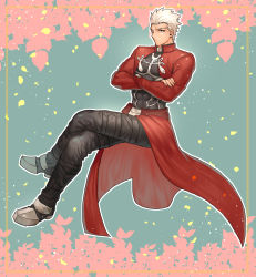 Rule 34 | 1boy, archer (fate), bad id, bad pixiv id, black pants, cape, closed mouth, crossed arms, crossed legs, fate/stay night, fate (series), grey eyes, highres, invisible chair, long sleeves, male focus, none (kameko227), one eye closed, pants, petals, red cape, silver hair, sitting, waist cape