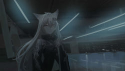Rule 34 | 1girl, absurdres, animal ear fluff, animal ears, arknights, black jacket, building, ceiling light, chihuri, commentary request, glowing, glowing eyes, grey hair, hair between eyes, hair ornament, hairclip, highres, indoors, jacket, lappland (arknights), long hair, looking at viewer, navel, one-hour drawing challenge, parking garage, photo background, pillar, red pupils, reflection, smile, solo, standing, very long hair, white eyes