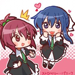 Rule 34 | 2girls, :d, ^^^, aoi nagisa, bad id, bad twitter id, black dress, blue hair, blush, chibi, collared dress, commentary request, copyright name, dress, hair between eyes, hair bobbles, hair ornament, hanazono shizuma, hands on own cheeks, hands on own face, hands up, heart, heart in mouth, henyomen, highres, inactive account, juliet sleeves, long hair, long sleeves, looking at another, multiple girls, open mouth, outline, pink background, ponytail, puffy sleeves, purple eyes, purple hair, school uniform, smile, standing, strawberry panic!, translation request, v-shaped eyebrows, white outline