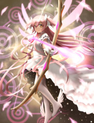 Rule 34 | 10s, 1girl, aiming, ankle wings, arrow (projectile), bow, bow (weapon), drawing bow, dress, feathers, gloves, glowing, glowing weapon, glowing wings, hair bow, highres, holding, holding bow (weapon), holding weapon, kaname madoka, long hair, looking at viewer, magical girl, mahou shoujo madoka magica, mahou shoujo madoka magica (anime), pink hair, short sleeves, siraha, smile, solo, spoilers, thighhighs, twintails, two side up, ultimate madoka, very long hair, weapon, white dress, white gloves, white thighhighs, wings, yellow eyes, zettai ryouiki