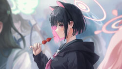 Rule 34 | 1girl, :t, absurdres, animal ears, black hair, black hoodie, blue archive, blunt bangs, blurry, blurry background, blush, bob cut, cat ears, close-up, closed mouth, colored inner hair, commentary, crowd, dorosi033, eating, eyelashes, food, from side, fruit, halo, hand up, highres, holding, holding food, hood, hood down, hoodie, kazusa (blue archive), looking at viewer, multicolored hair, neckerchief, pink eyes, pink hair, pink halo, pink neckerchief, profile, school uniform, serafuku, short hair, sideways glance, sleeves past wrists, solo, straight hair, strawberry, two-tone hair