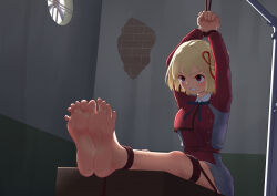 Rule 34 | 1girl, absurdres, arms up, bare legs, barefoot, blonde hair, blush, bob cut, bound, brick, chinese commentary, clenched hands, clenched teeth, dress, feet, foot focus, frown, grey dress, hair ribbon, highres, indoors, jio yo jio kage, long sleeves, looking at viewer, lycoris recoil, lycoris uniform, nishikigi chisato, pleated skirt, red dress, red ribbon, ribbon, shibari, short hair, sitting, skirt, soles, solo, teeth, toes, two-tone dress