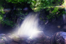 Rule 34 | artist name, cliff, commentary, day, english commentary, forest, highres, leaf, light particles, moss, nameless neet, nature, no humans, original, outdoors, philippines, rainbow, real world location, rock, scenery, signature, steam, sunlight, tree, water, waterfall