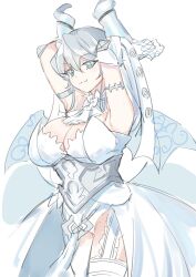 Rule 34 | 1girl, armpits, arms up, breasts, cleavage, demon girl, detached collar, dress, duel monster, female focus, gloves, grey eyes, grey hair, highres, horns, large breasts, looking at viewer, lovely labrynth of the silver castle, nernnernneru, pointy ears, smug, solo, tagme, thighhighs, transparent wings, white dress, white gloves, white thighhighs, wings, yu-gi-oh!