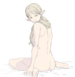 Rule 34 | 1girl, ass, back, back focus, barefoot, blonde hair, chyko, completely nude, elf, feet, from behind, full body, green eyes, hair over breasts, hair over one breast, long hair, looking at viewer, looking back, nude, original, pointy ears, ponytail, sitting, sketch, solo, wariza